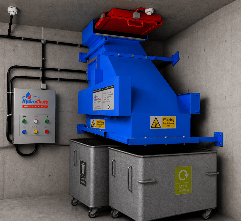 Picture of a blue and grey waster stream chute system